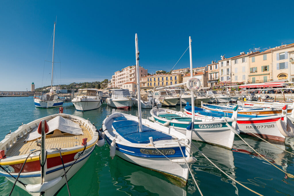 Cassis harbour with its painted fishing boats, Domaine de Canaille
