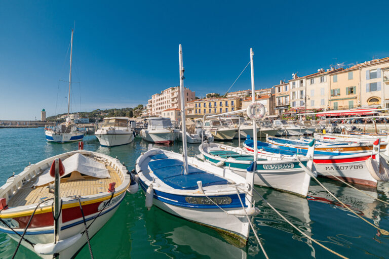Cassis harbour with its painted fishing boats, Domaine de Canaille