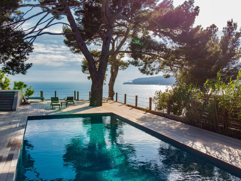 The pool and a Mediterranean pine above the sea, Domaine de Canaille