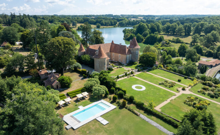 Château, gardens and outdoor pool seen from above, Domaine des Etangs, Auberge Collection