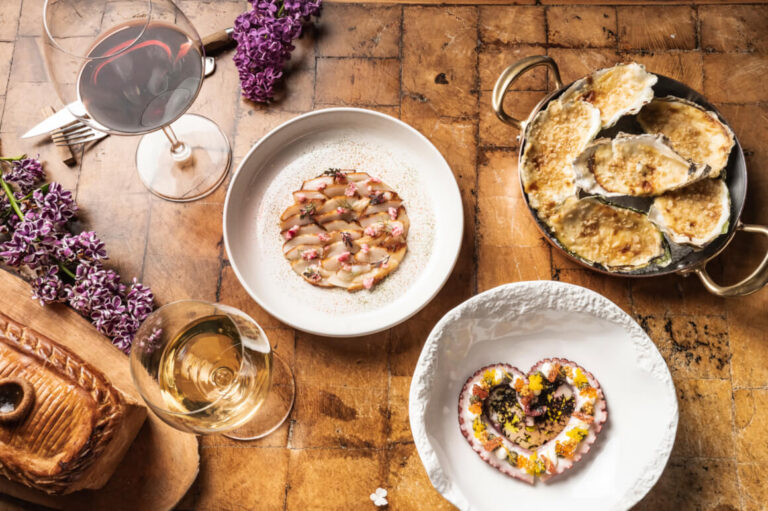 Plated dishes served at the Domaine, Domaine des Etangs, Auberge Collection