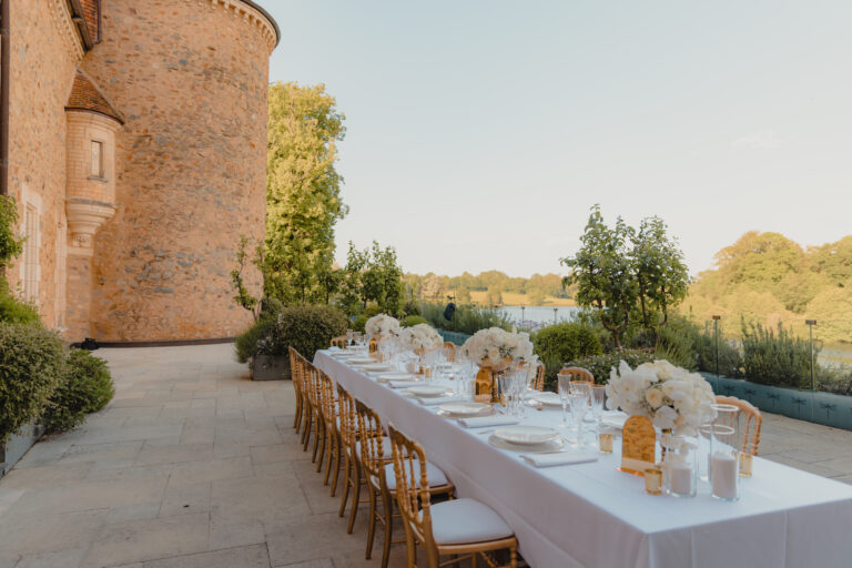 Dinner table on the Castle Gardens terrace beside the château, Domaine des Etangs, Auberge Collection