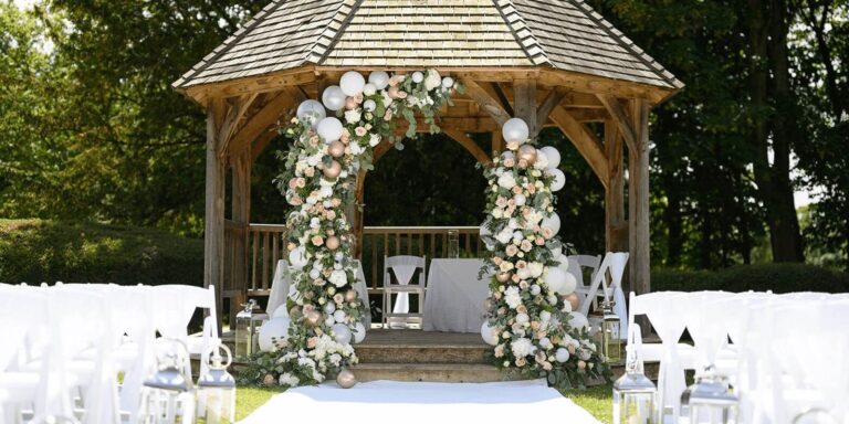 The garden pavilion dressed for an outdoor ceremony, Down Hall Country House Hotel