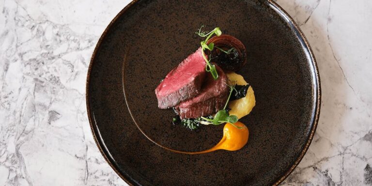 A plated dish of beef, Down Hall Country House Hotel