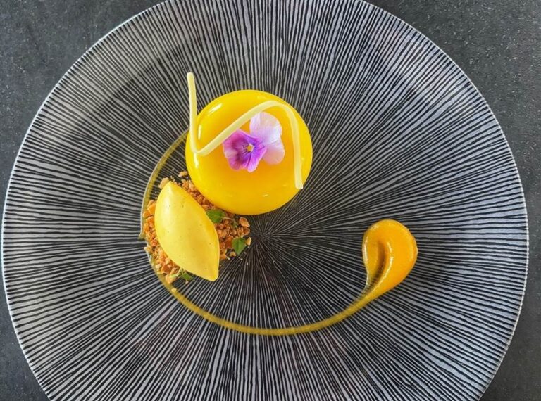 A plated dessert on a patterned dish, Down Hall Country House Hotel