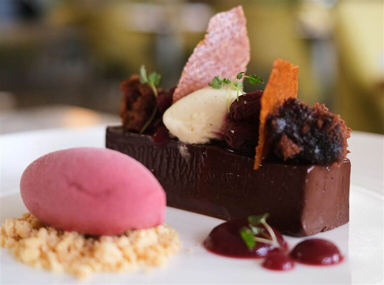 A chocolate dessert with sorbet, Down Hall Country House Hotel