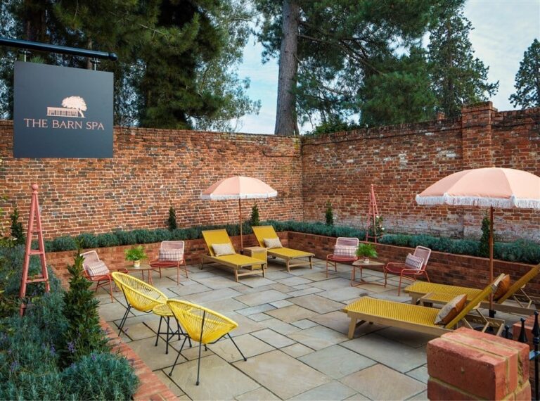 The Barn Spa terrace, Down Hall Country House Hotel
