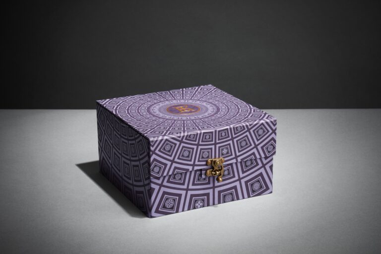 Purple presentation box with a Sistine Chapel ceiling-inspired pattern, made for a wedding in Rome, Downey Luxury Stationery