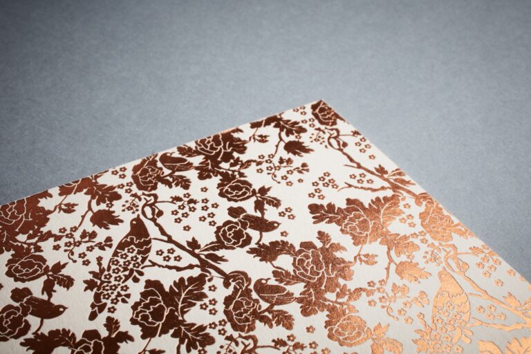 Rose gold metallic foliage pattern on a floral wedding invitation, Downey Luxury Stationery
