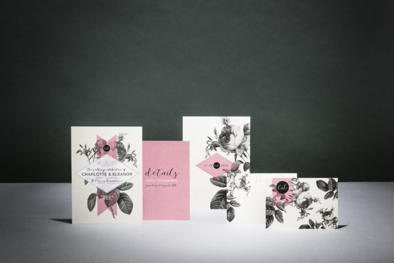 Floral wedding stationery suite in soft pink and light grey with rose gold foil, Downey Luxury Stationery