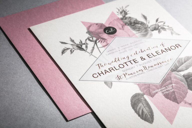 Invitation with grey floral illustration and pink geometric overlay on a pink envelope, Downey Luxury Stationery