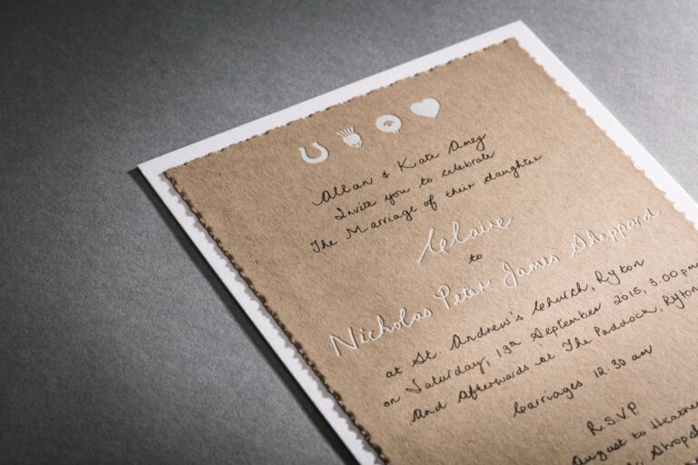 Deckle-edged invitation on natural recycled stock with handwritten-style lettering, Downey Luxury Stationery