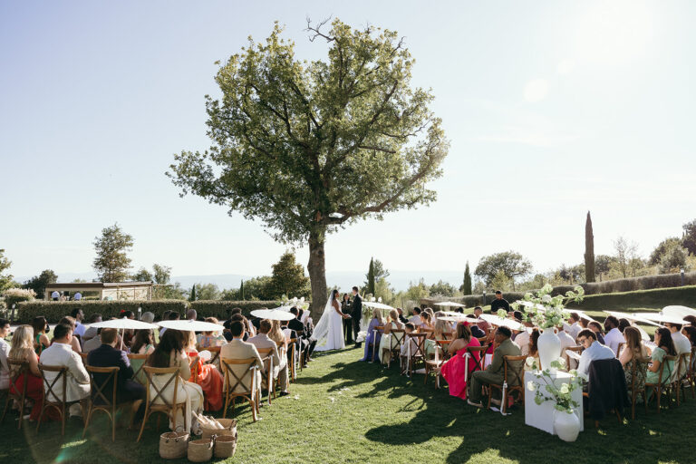 A ceremony beneath a single great tree on a lawn, guests seated in its shade, the valley beyond, Dream On Wedding Team