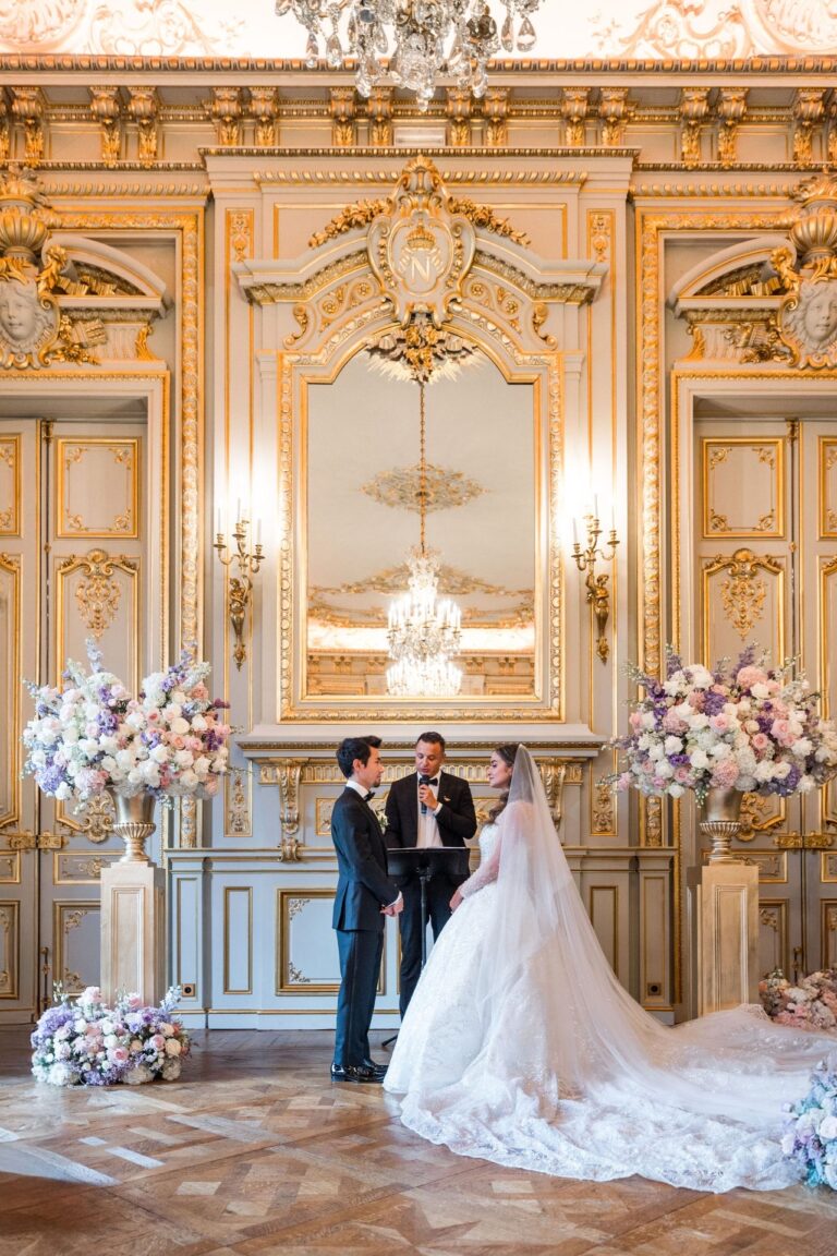 Ceremony in a gilded salon with blue and white flowers, Shangri-La Paris, Dream Paris Wedding