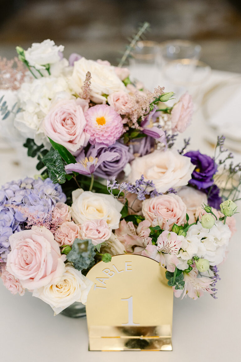 Pastel bouquet with a gold table sign, Dream Paris Wedding