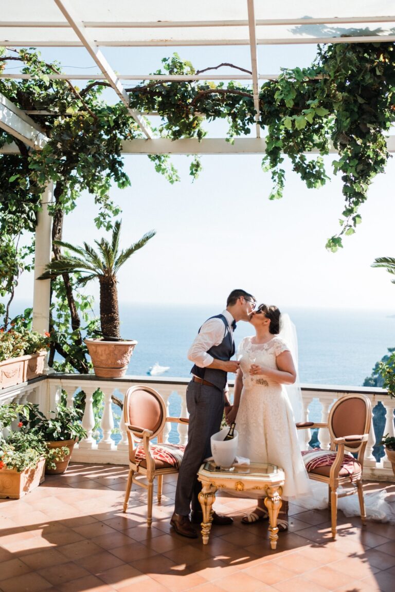 Couple on a vine-covered terrace above the sea, Positano, Amalfi Coast, Dream Weddings By Francesca Resciniti