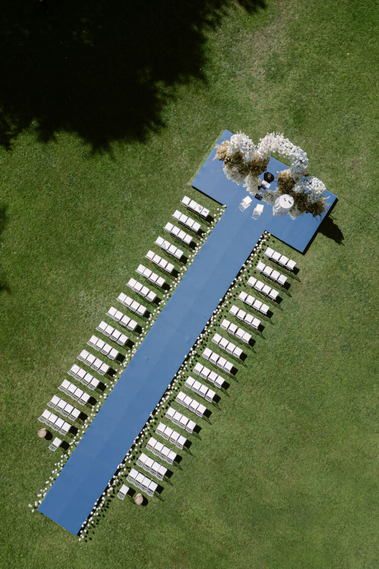 Aerial view of a mirrored aisle and chairs on the lawn, Dream Weddings Europe