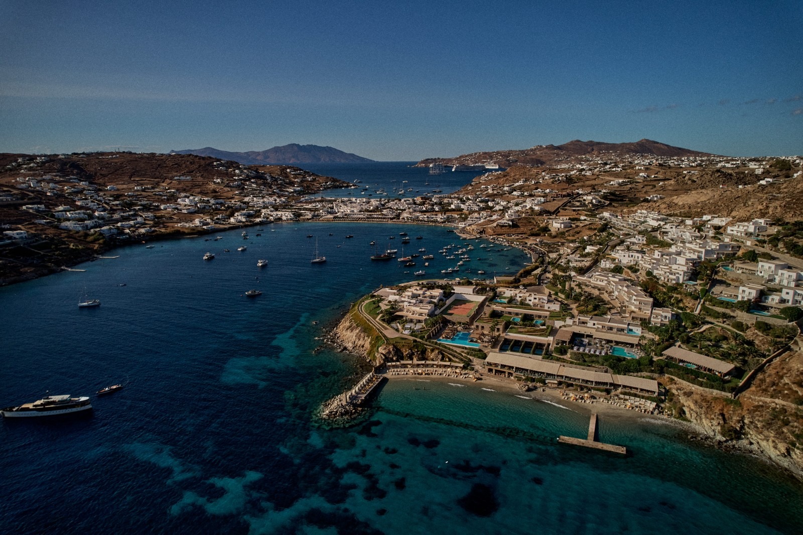 Aerial view of a Mykonos bay and a coastal resort used for a wedding, Dream Weddings Mykonos