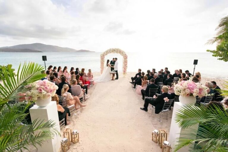 Beach aisle and floral arch set for a ceremony, Necker Island, British Virgin Islands, Duke Photography