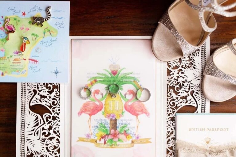 Illustrated island map invitation beside bridal shoes, Necker Island wedding, Duke Photography