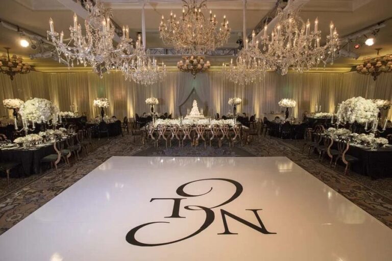 Ballroom with chandeliers and a monogrammed dance floor, Montage Laguna Beach, Duke Photography