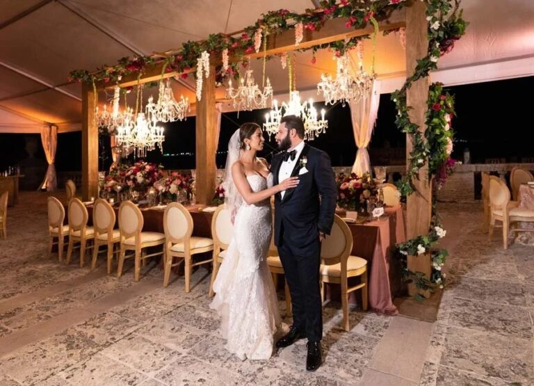 Tented reception with chandeliers and garlands, Vizcaya Museum and Gardens, Miami, Duke Photography