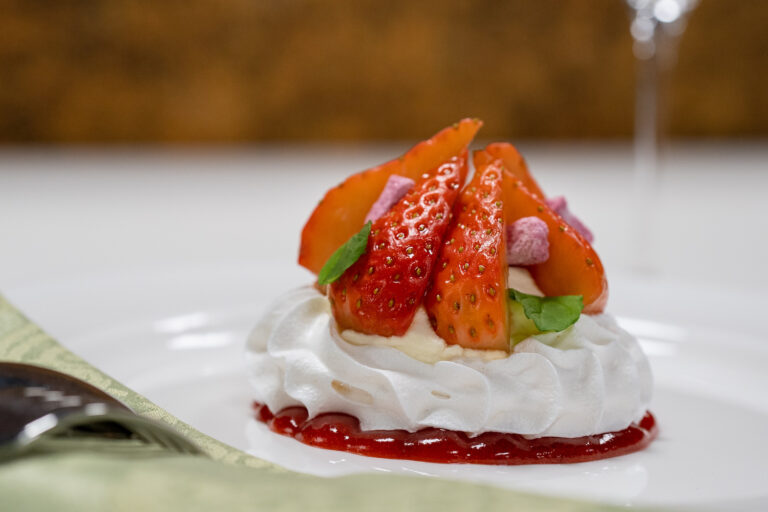 A strawberry pavlova dessert with a berry coulis, Dundas Castle