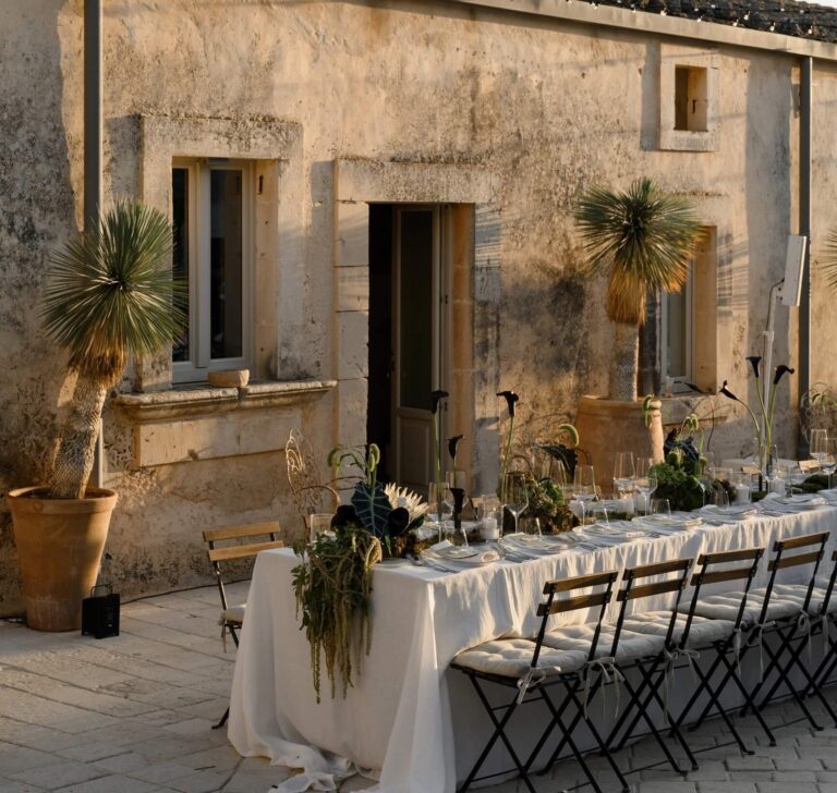 A long table laid outside a stone farmhouse, Sicily, Elisa Prati Wedding Italy