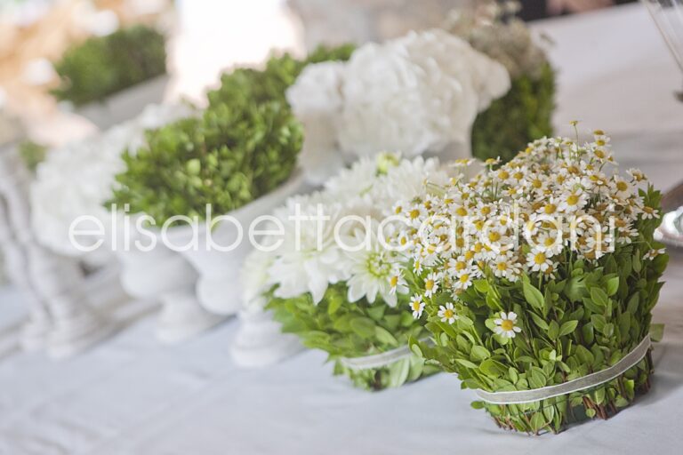A reception table runner of moss urns, daisies and hydrangea, Elisabetta Cardani