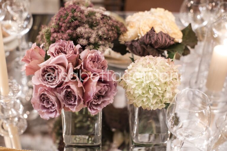 A centrepiece of dusty pink roses, astrantia and hydrangea, Elisabetta Cardani