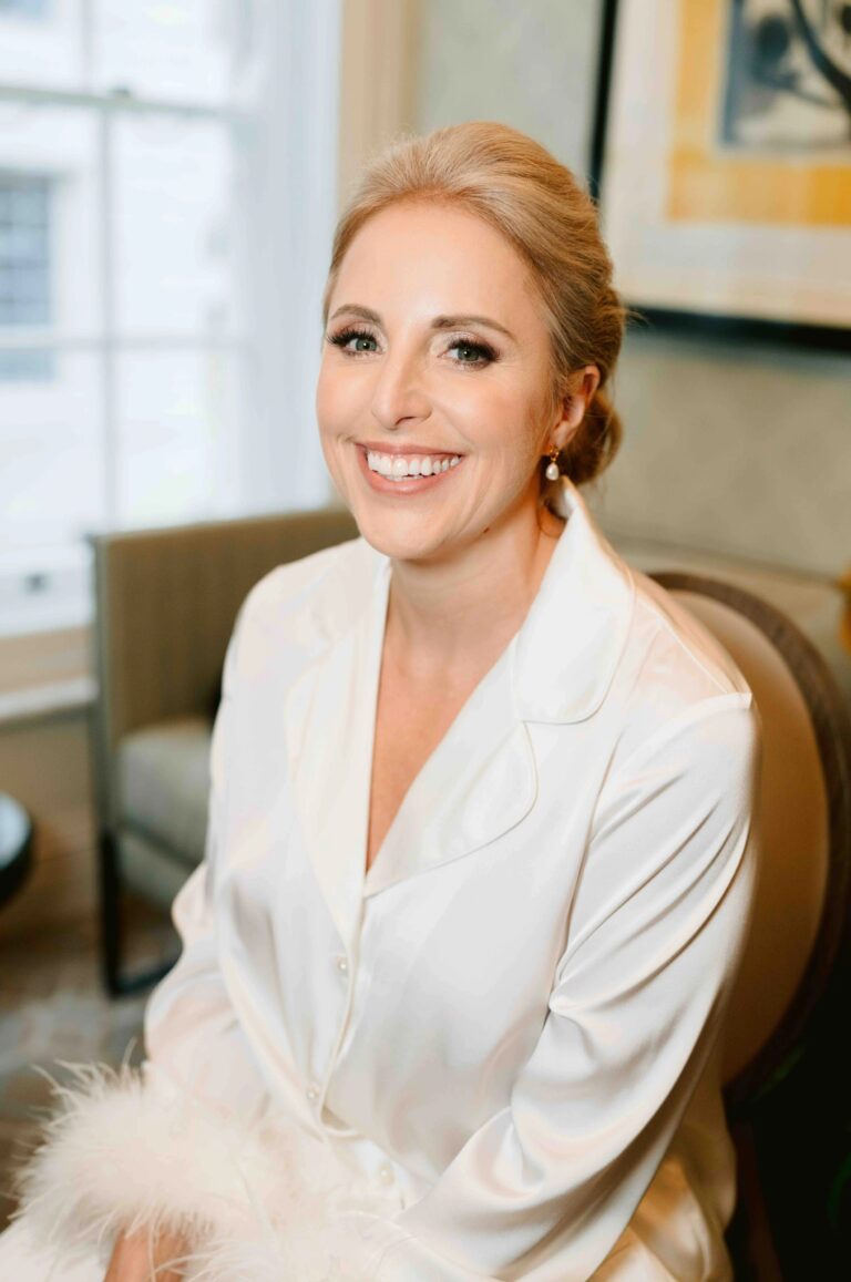 A seated bridal portrait in an ivory robe, Corinthia London, Elizabeth Hsieh Make Up Artist