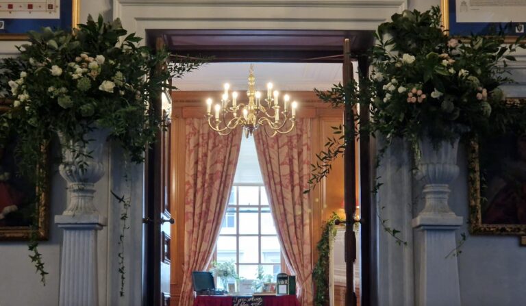 Floral pillars flanking the doorway, Inner Temple Hall, Elizabeth Marsh Floral Design