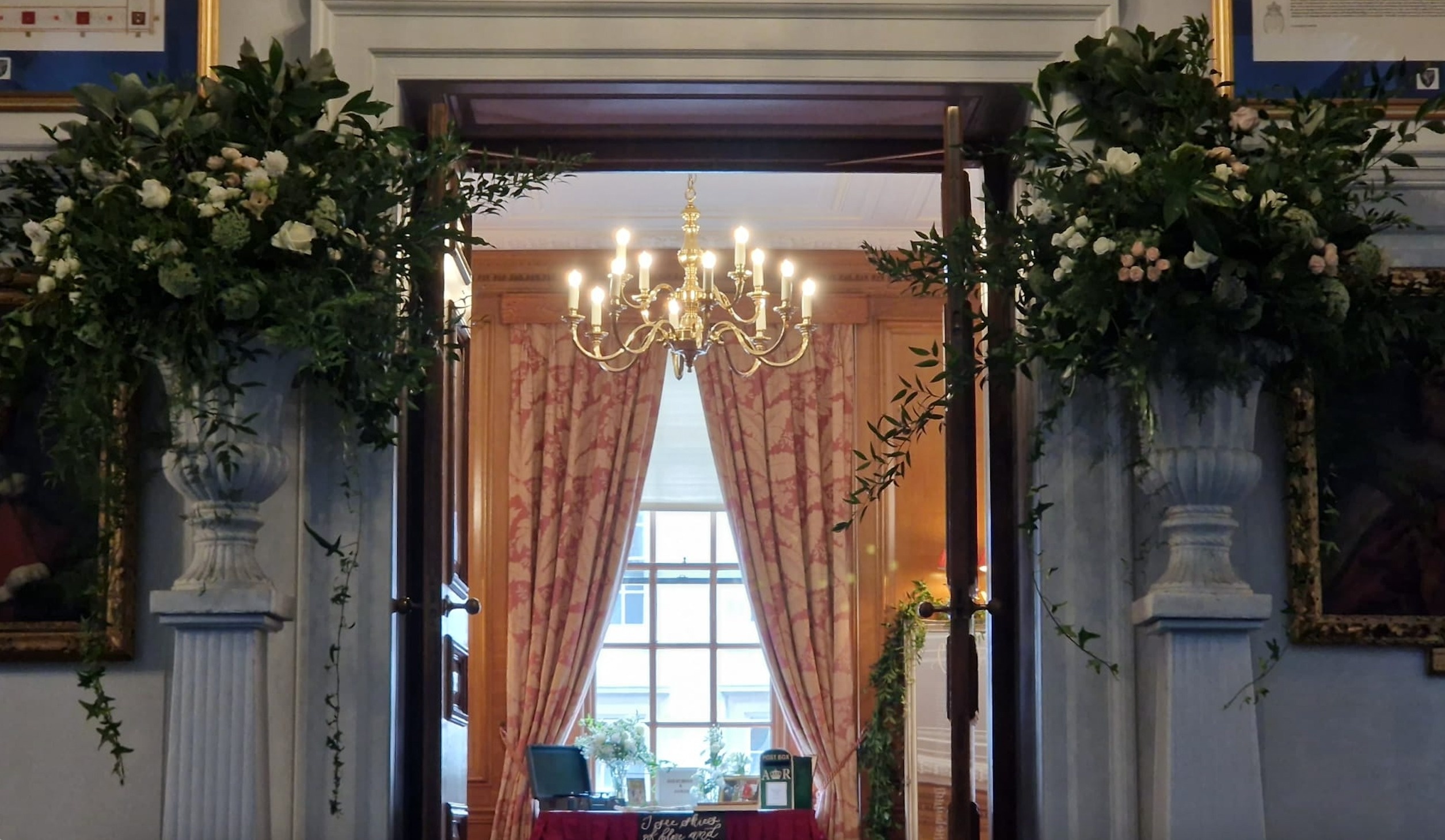 Floral pillars flanking the doorway, Inner Temple Hall, Elizabeth Marsh Floral Design