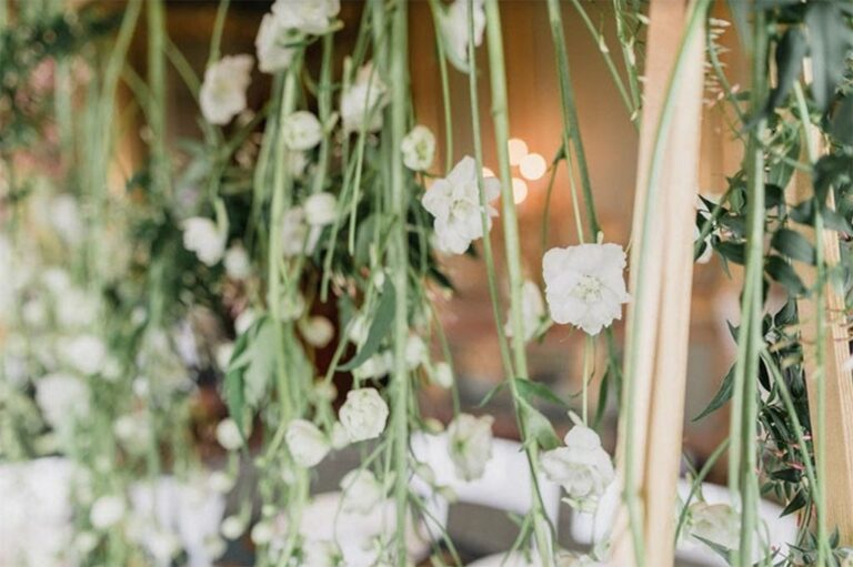 A hanging installation of white flowers, Elizabeth Marsh Floral Design