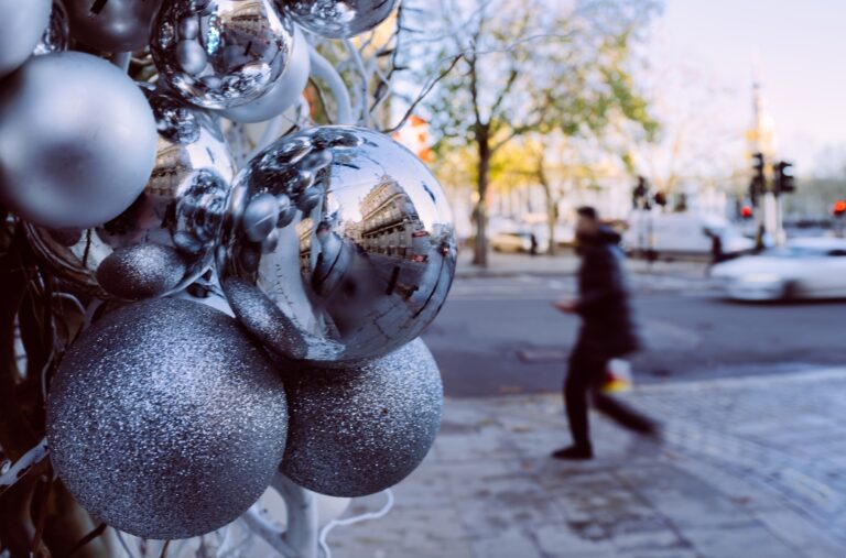 A detail of silvered Christmas baubles, central London, Elizabeth Marsh Floral Design