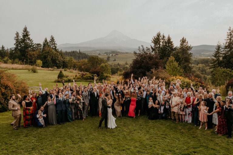 Guests cheering on a lawn as the couple stand at the far end, mountain beyond, Emett Joseph Photography