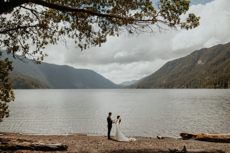 Elopement couple beside a lake in Olympic National Park, Washington, Emett Joseph Photography