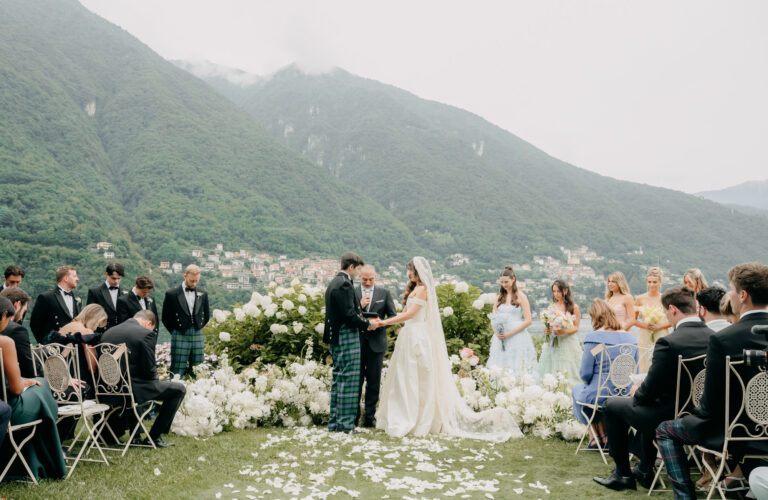 A garden ceremony above Lake Como at Villa Regina Teodolina, the groom and groomsmen in tartan, Emma-Jane Photography