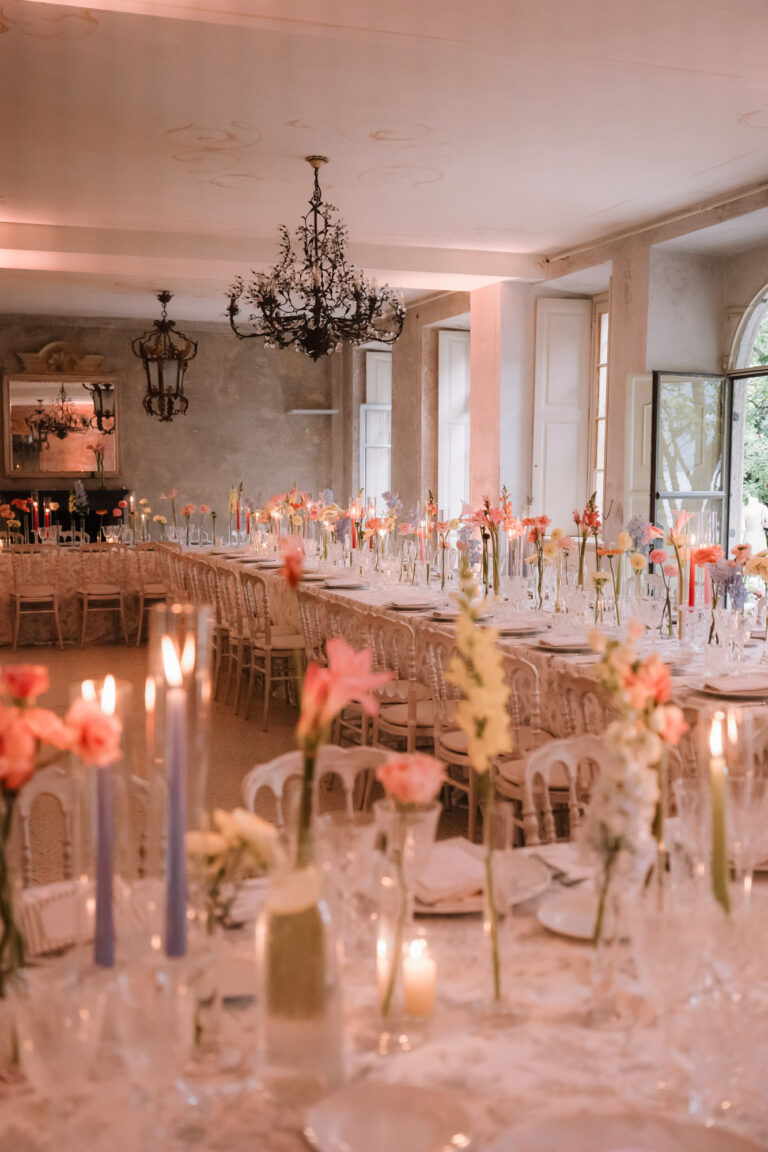 A dinner room laid with candles and flowers at Villa Regina Teodolina on Lake Como, Emma-Jane Photography