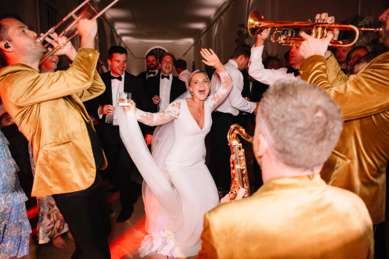 A brass band leads the dancing at a Kew Gardens wedding, Emma-Jane Photography