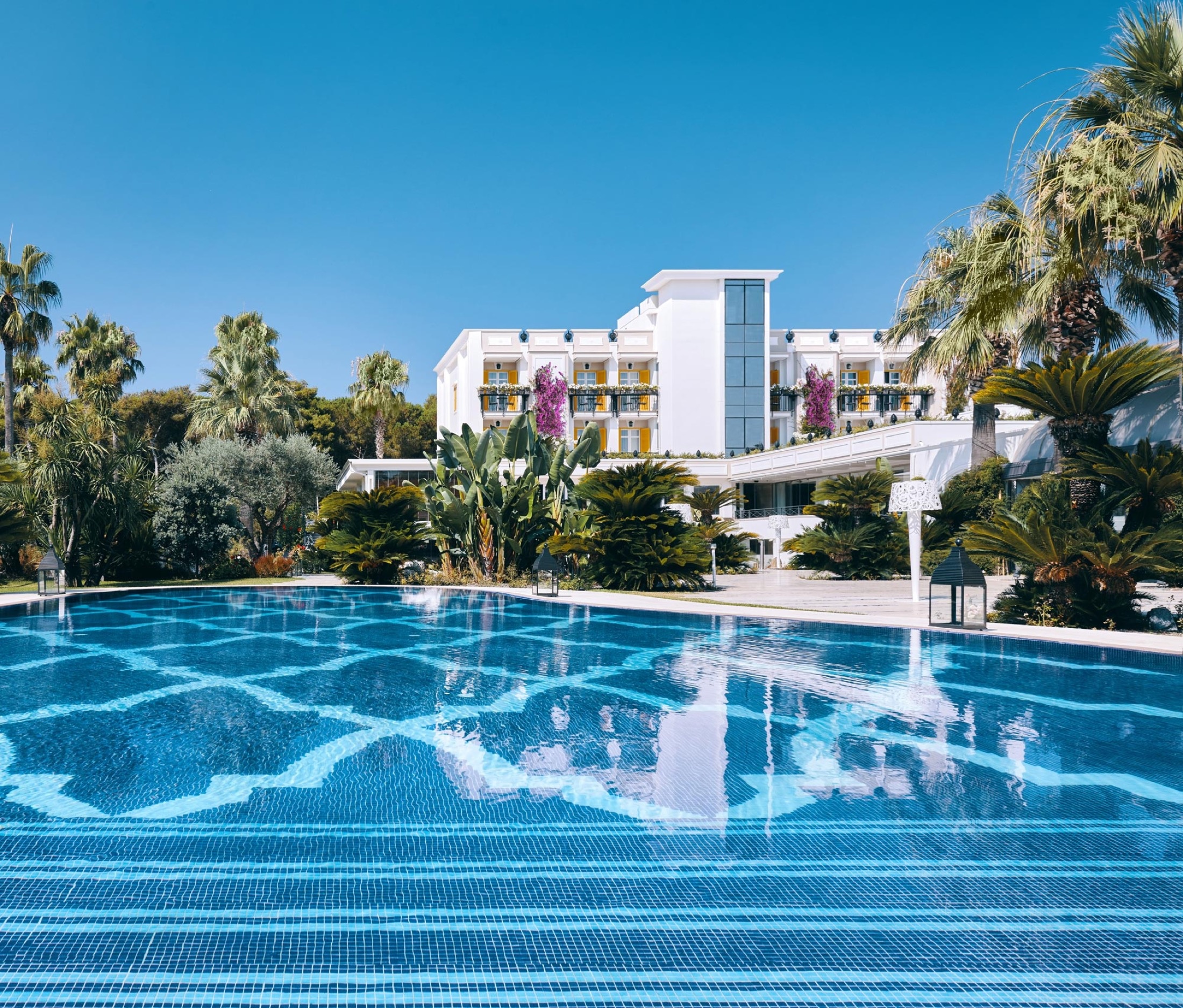 The garden pool, framed by the hotel and the palms, Esplanade Boutique Hotel