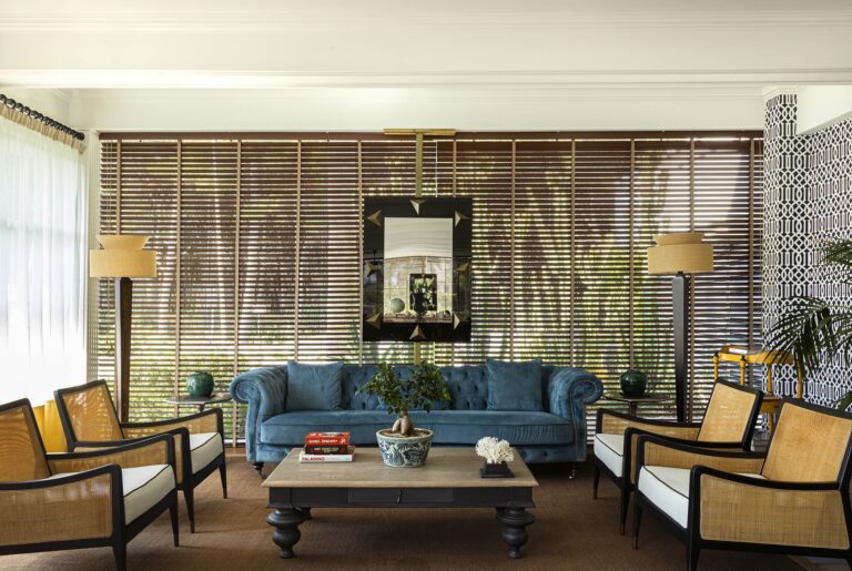 A villa salon, in blue and bamboo, Esplanade Boutique Hotel