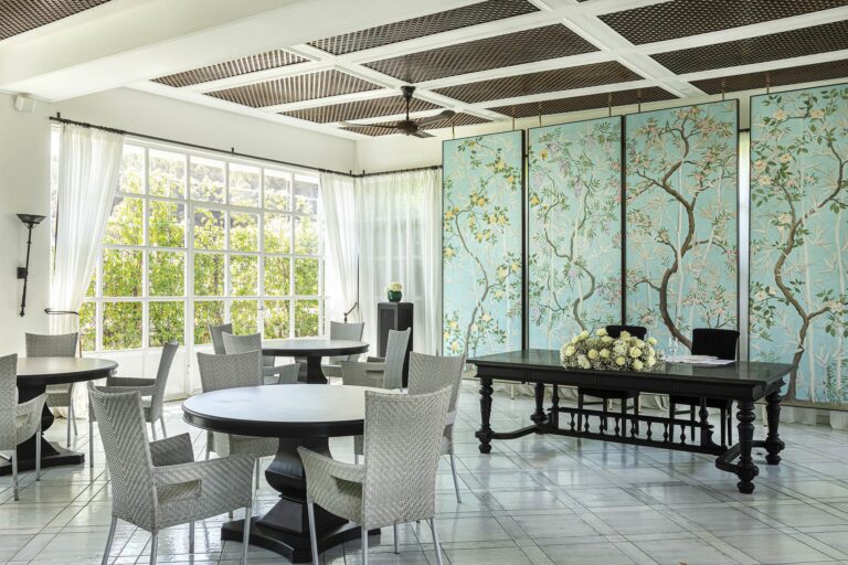 A chinoiserie event room, set for a reception, Esplanade Boutique Hotel