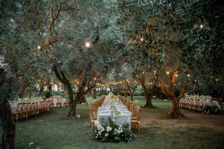 The olive grove after sunset, festoon lights above the tables, Ester Chianelli Weddings & Events