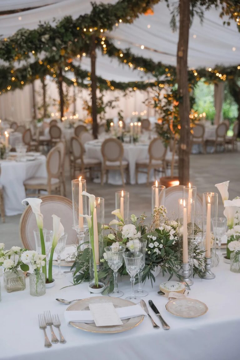 The marquee after dark, calla lilies and tapers at every cover, Ester Chianelli Weddings & Events