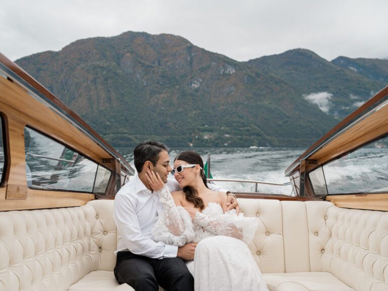 Aboard a wooden launch, mountains across the water, Ester Chianelli Weddings & Events