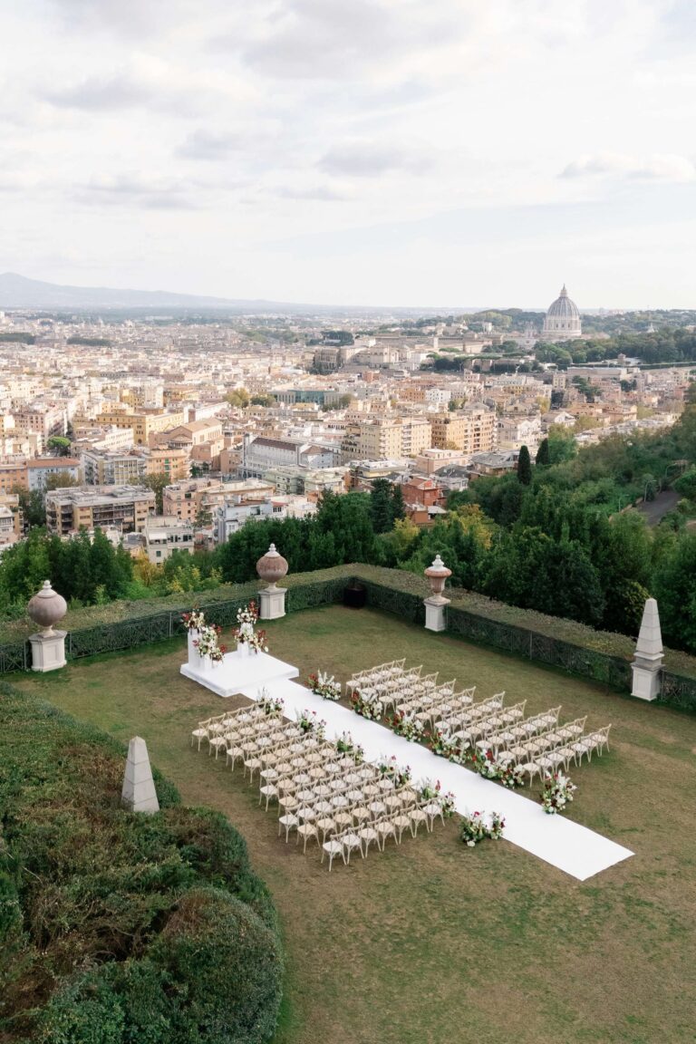 Ceremony seating in the garden at Villa Miani with Rome spread out below, Eventilab Weddings