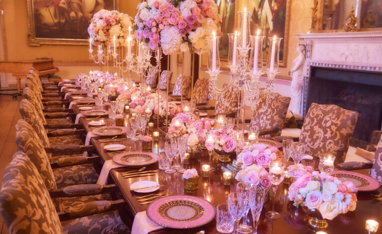 A candelabra tablescape, pink and white roses, Farima Perry Florals and Events