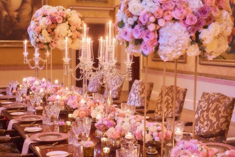 A candelabra table, pink and white roses, Farima Perry Florals and Events