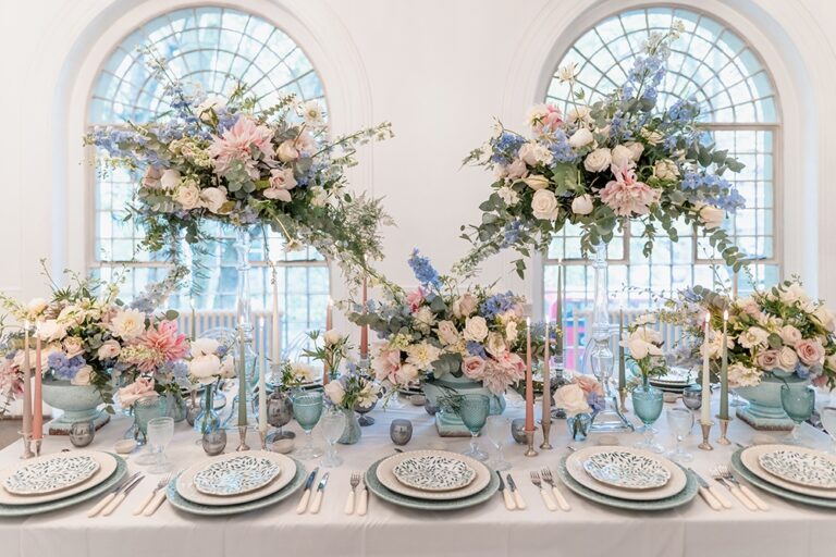 A cascading tablescape of blue, pink and white, Farima Perry Florals and Events